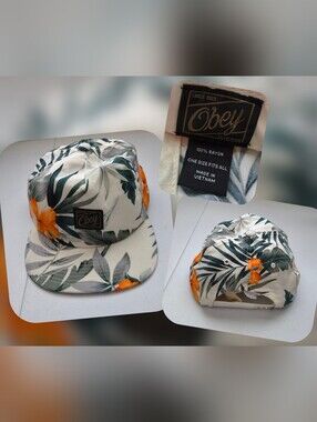 Obey Cream Snapback Hat with Green Leaves & Orange Flowers